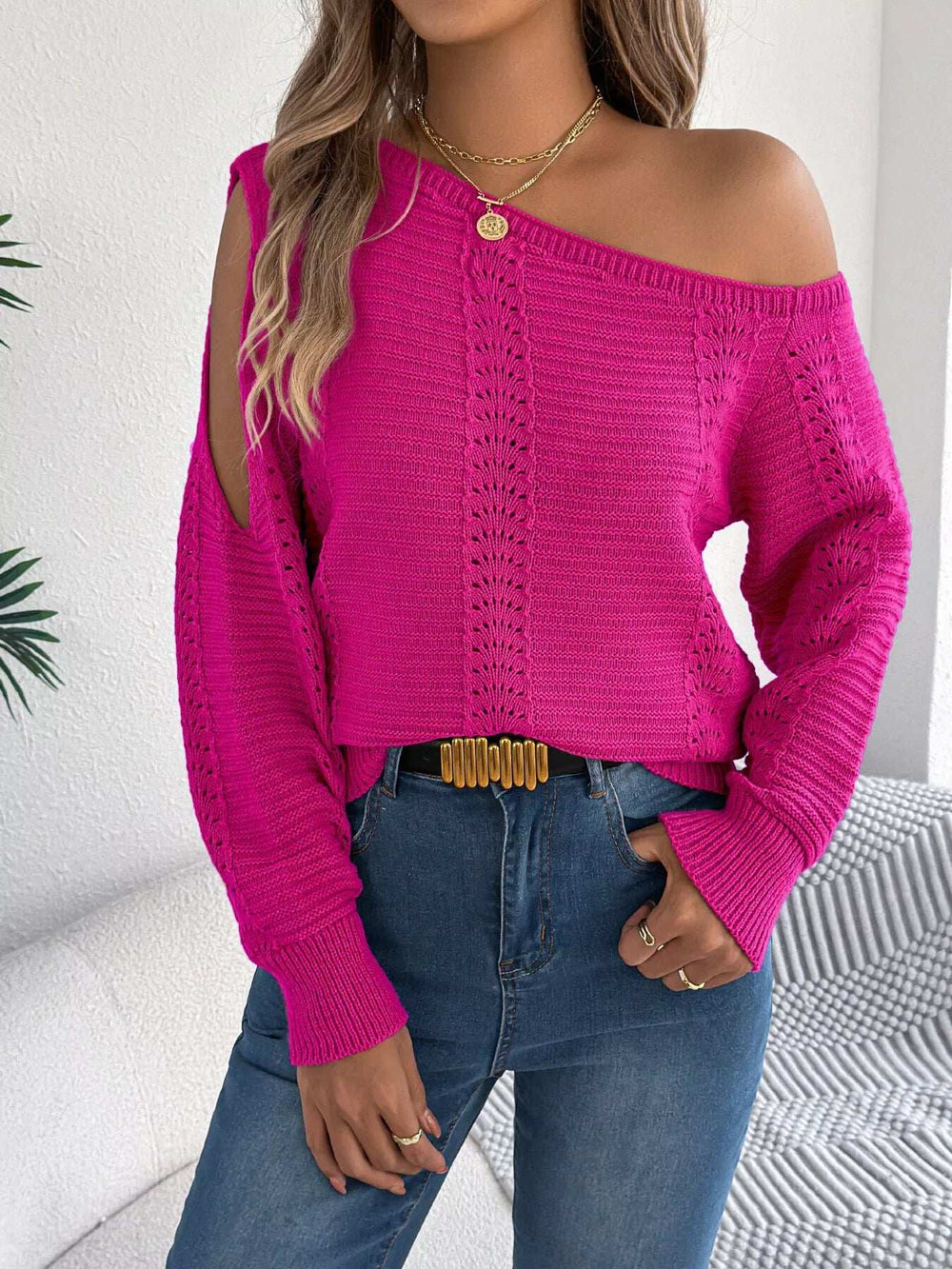 Openwork One Shoulder Cutout Long Sleeve Sweater - Trendsi - Flyclothing LLC