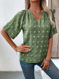 Swiss Dot Notched Half Sleeve Blouse - Trendsi - Flyclothing LLC
