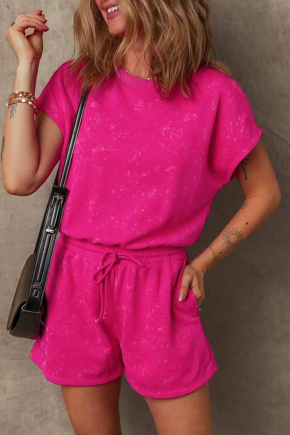 Mineral Wash Hollow Out Back Drawstring Waist Romper - Trendsi - Flyclothing LLC