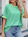 Striped Round Neck Half Sleeve T-Shirt - Trendsi - Flyclothing LLC
