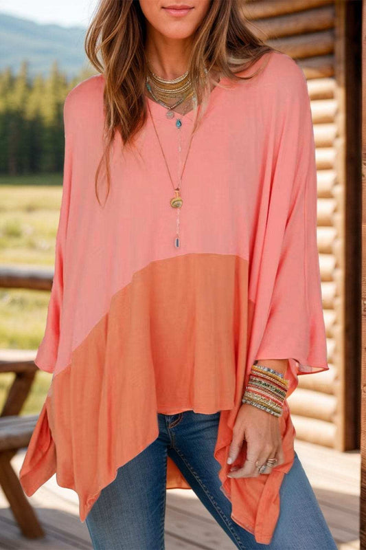 Contrast V-Neck Batwing Sleeve Blouse - Trendsi - Flyclothing LLC