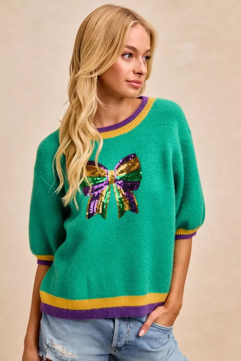 BiBi Mardi Gras Sequin Ribbon Patched Sweater - Trendsi - Flyclothing LLC