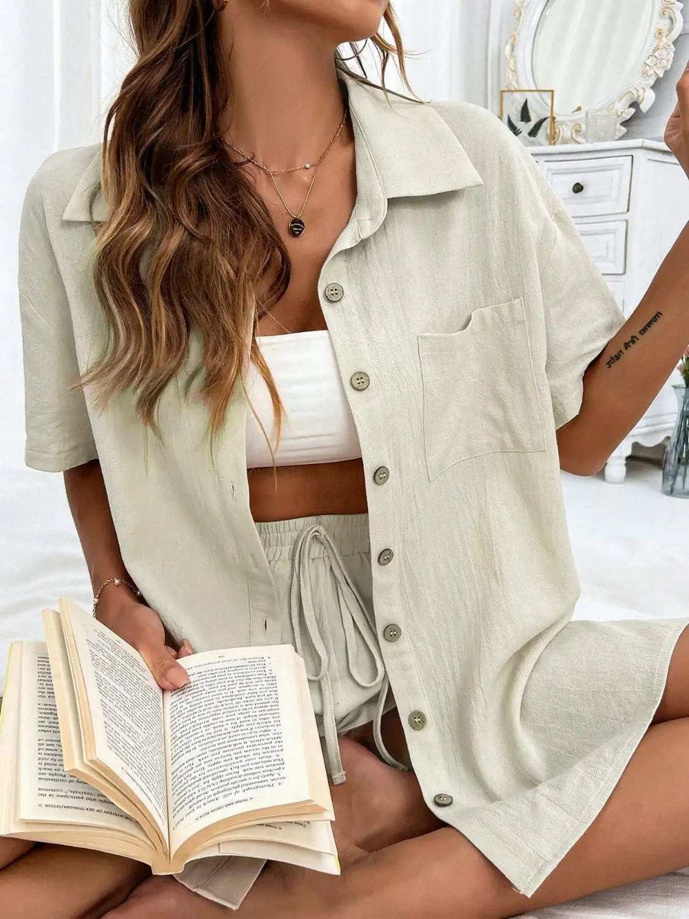 Button Up Half Sleeve Top and Shorts Set - Trendsi - Flyclothing LLC