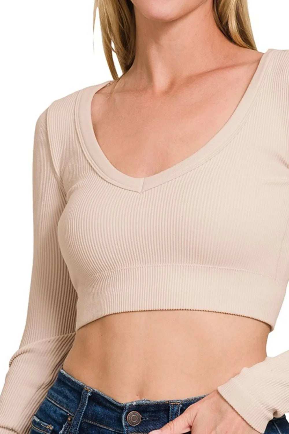 Zenana Seamless Fitted Rib V-neck Long Sleeve Crop Top - Trendsi - Flyclothing LLC