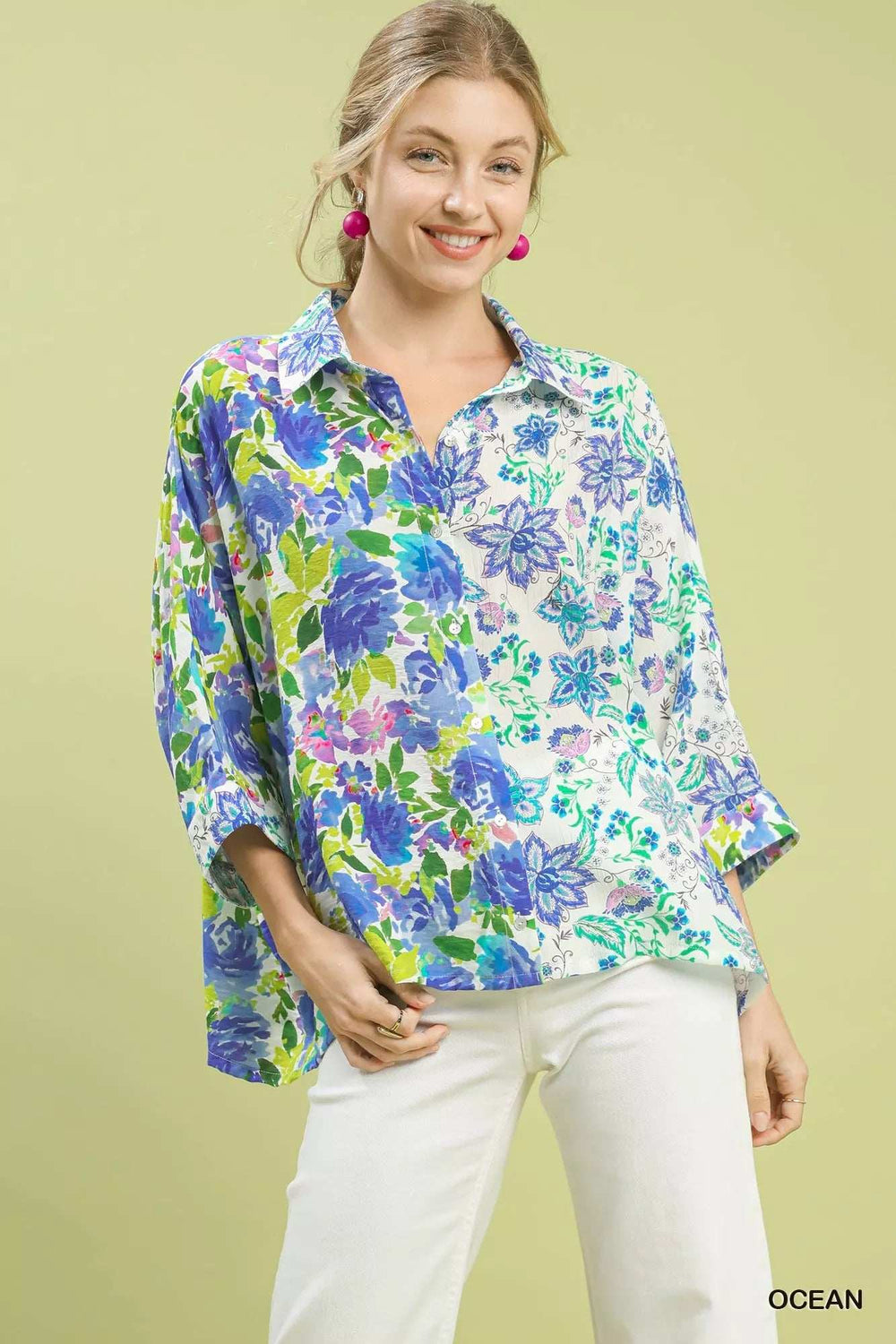 Umgee Mixed Floral Oversized Button Down Shirt - Trendsi - Flyclothing LLC