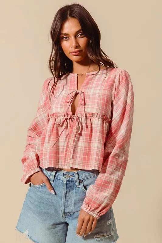 SO ME Front Tie Checkered Plaid Blouse - Trendsi - Flyclothing LLC