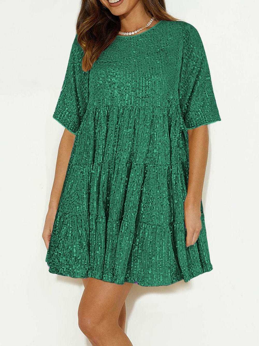 Sequin Round Neck Half Sleeve Mini Dress - Trendsi - Flyclothing LLC