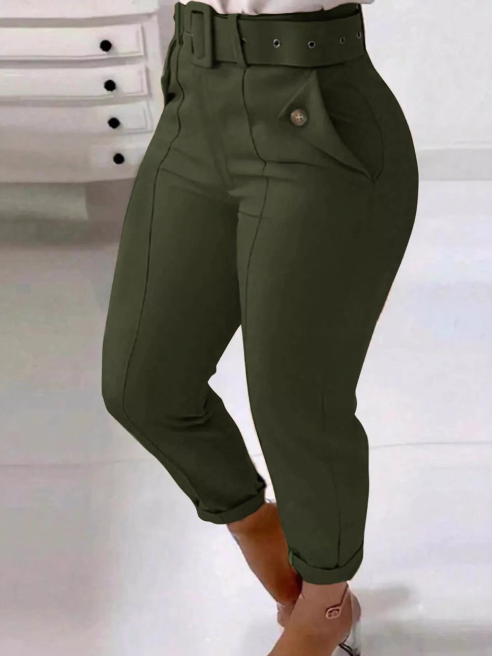 High Waist Belted Slim Fit Ankle Pants - Trendsi - Flyclothing LLC