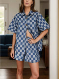 Checkered Button Up Half Sleeve Top and Shorts Set - Trendsi - Flyclothing LLC