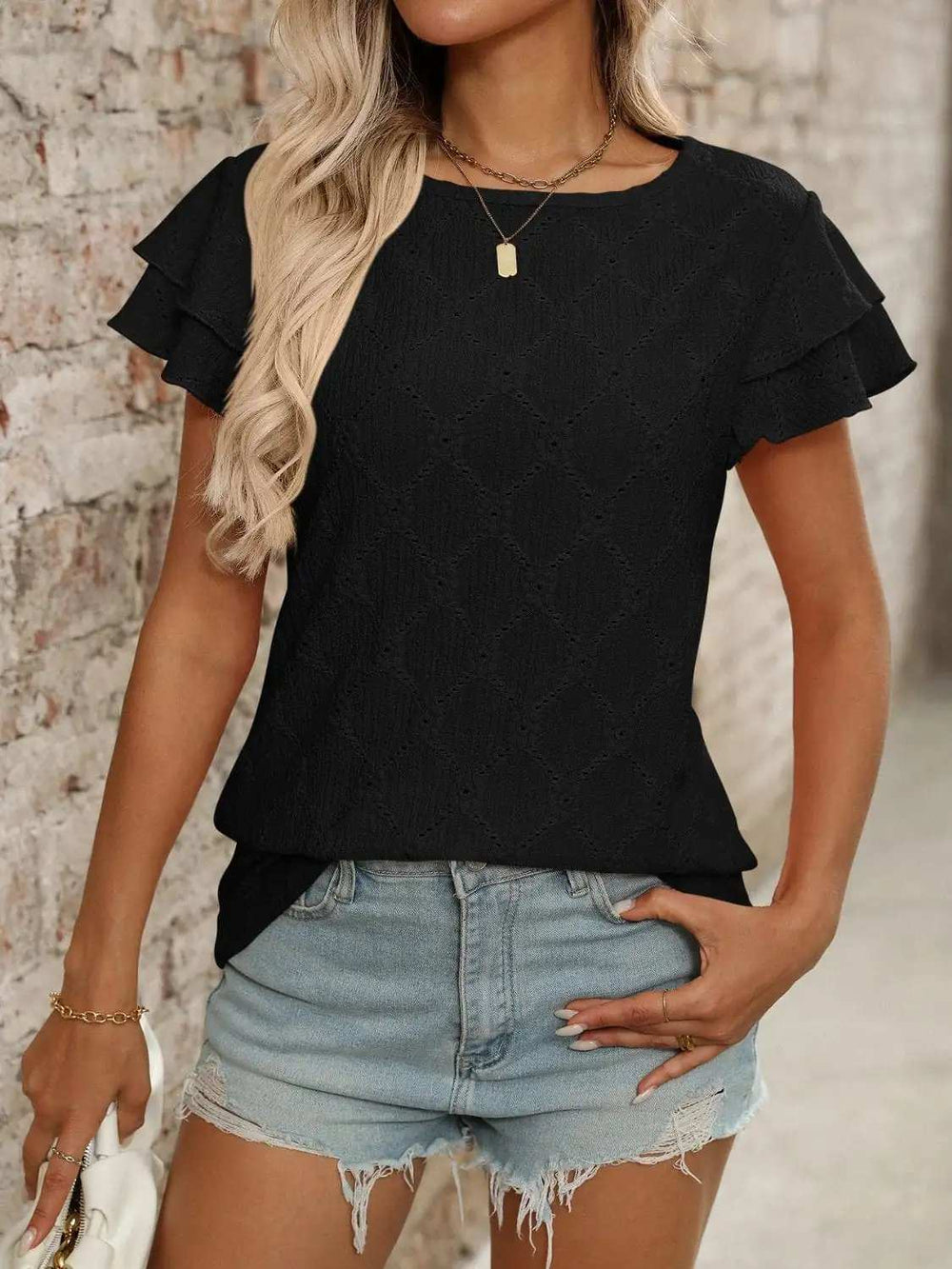 Eyelet Round Neck Double Layered Ruffled Short Sleeve Top - Trendsi - Flyclothing LLC