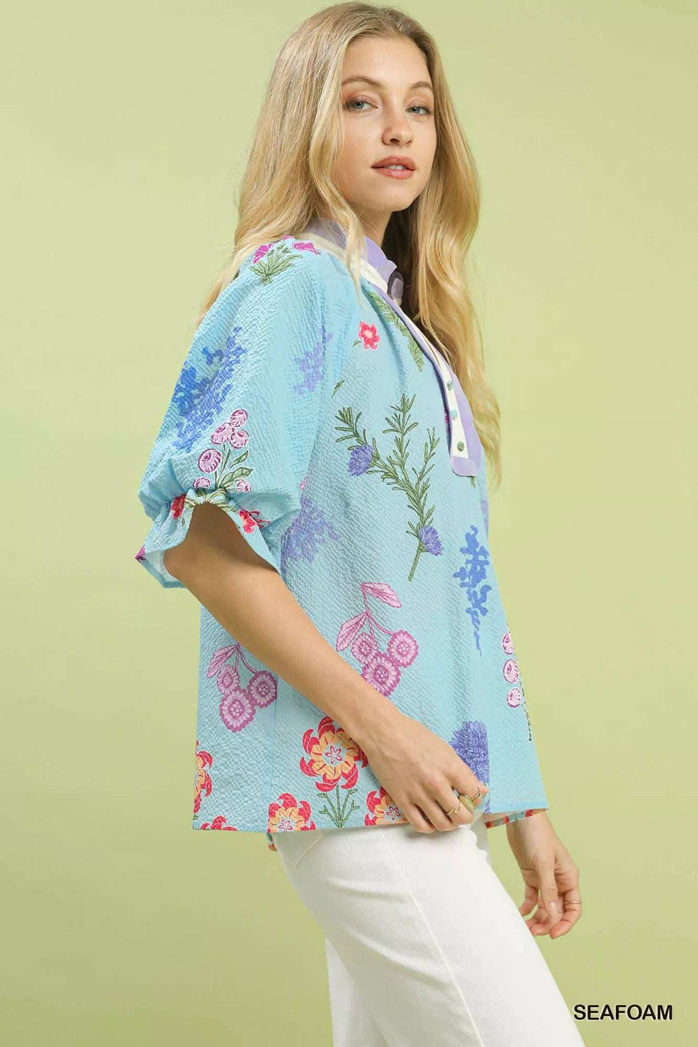 Umgee Floral Puff Sleeve Blouse with Scallop Trim Collar - Trendsi - Flyclothing LLC