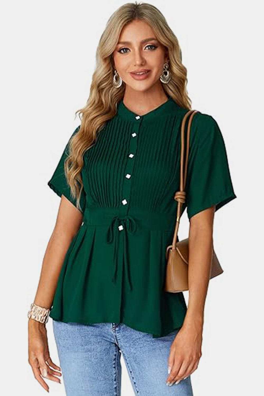 Tied Round Neck Short Sleeve Blouse - Trendsi - Flyclothing LLC