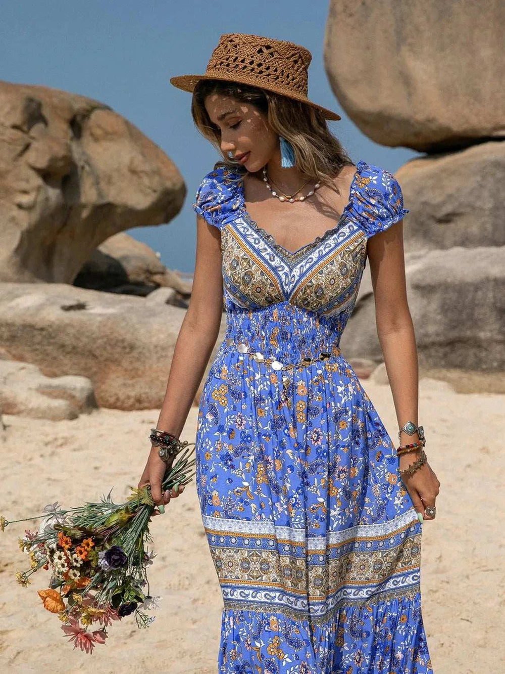 Printed V-Neck Cap Sleeve Midi Dress - Trendsi - Flyclothing LLC