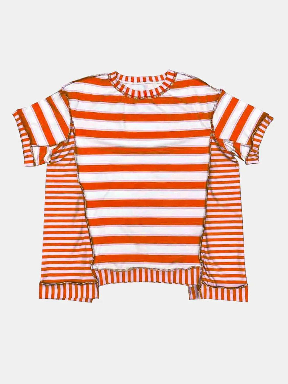 Full Size Contrast Stitching Striped Round Neck T-Shirt - Trendsi - Flyclothing LLC