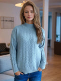 Cable-Knit Mock Neck Dropped Shoulder Sweater - Trendsi - Flyclothing LLC