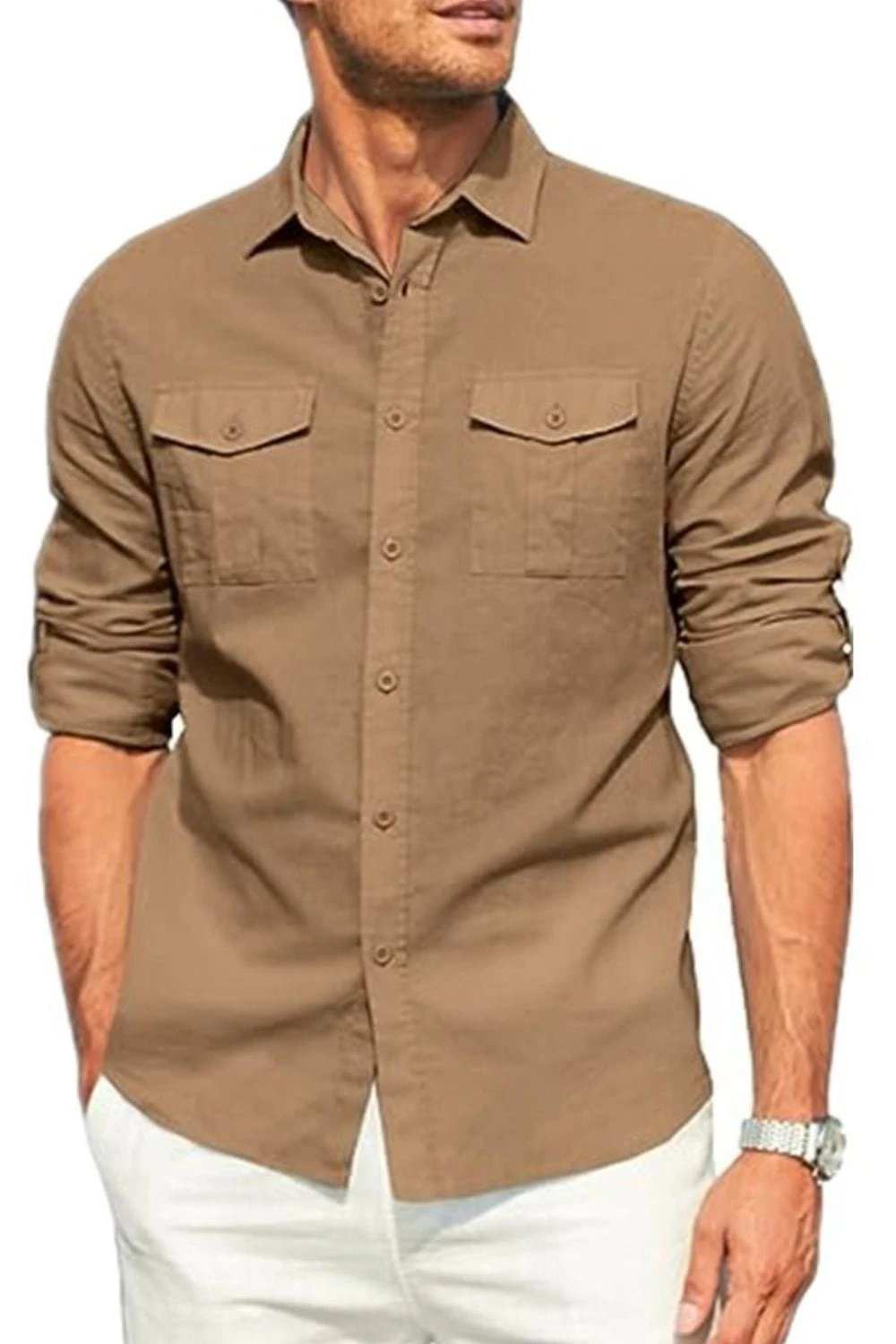 Men's Plus Size Button Down Collared Neck Long Sleeve Shirt - Trendsi - Flyclothing LLC
