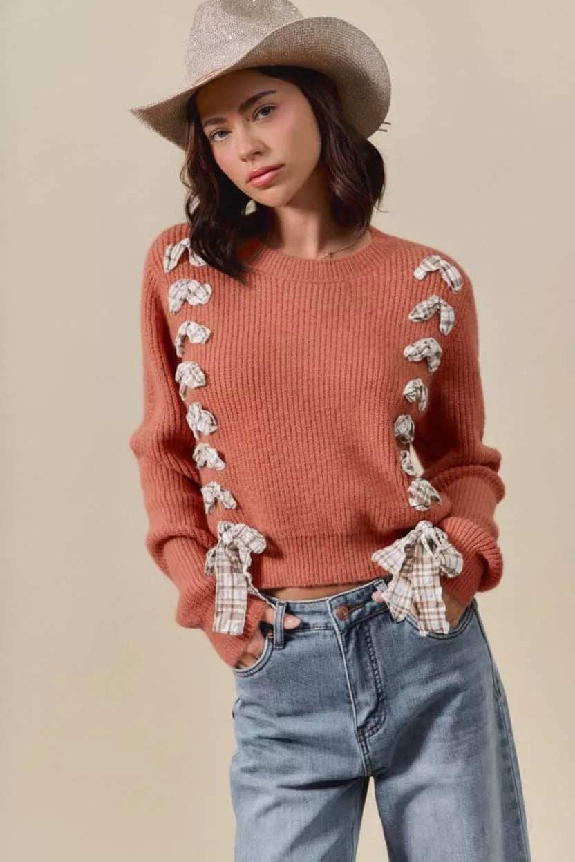 SO ME Checkered Plaid Tape Lace Up Ribbed Sweater - Trendsi - Flyclothing LLC