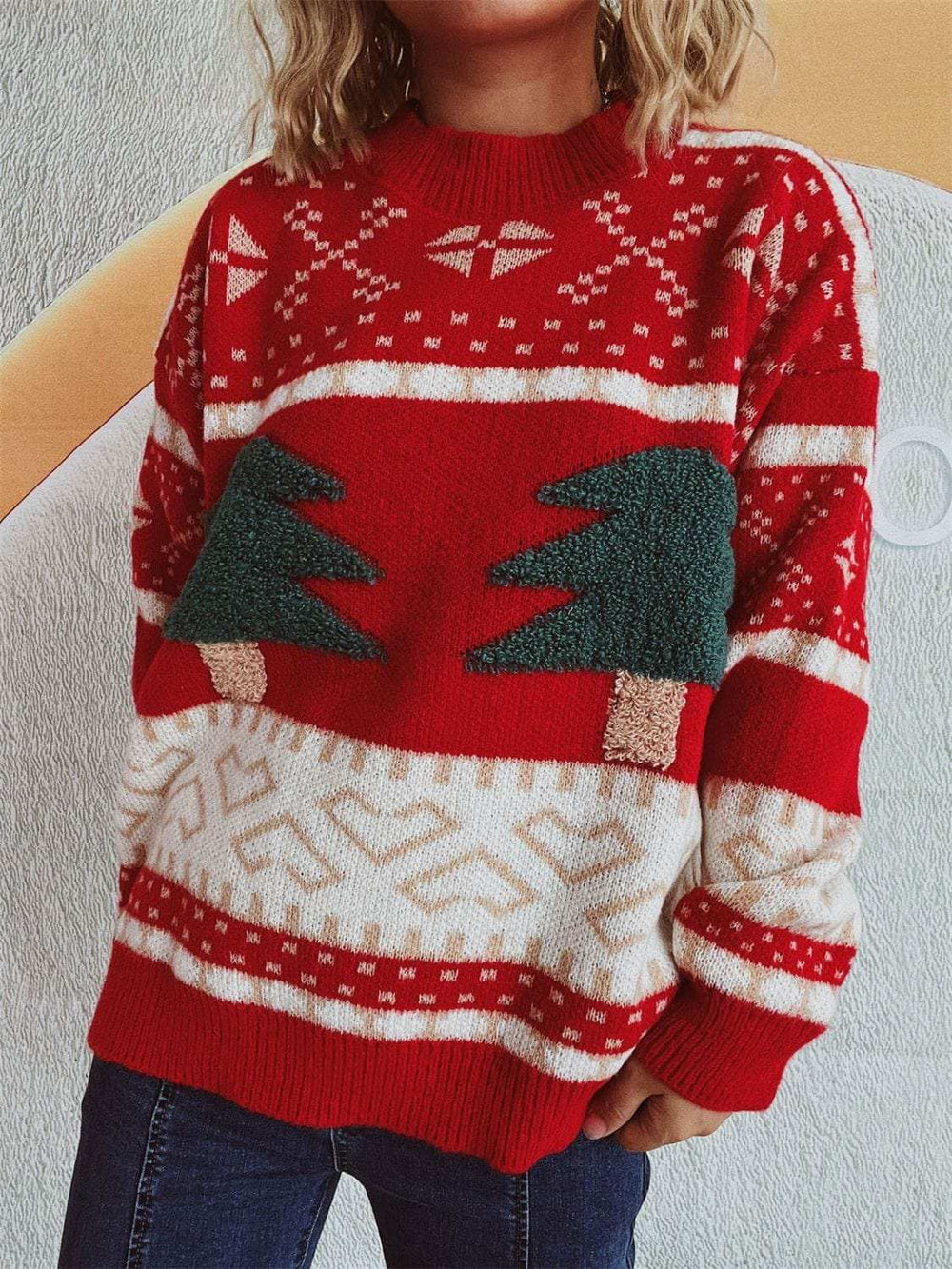 Christmas Tree Mock Neck Long Sleeve Sweater - Trendsi - Flyclothing LLC