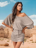 Drawstring One Shoulder Three-Quarter Sleeve Mini Dress - Trendsi - Flyclothing LLC