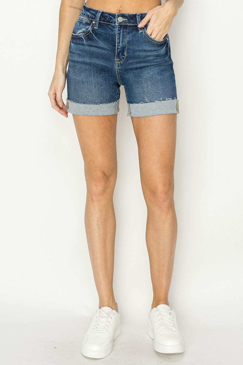 RISEN High Rise Cuffed Denim Shorts - Trendsi - Flyclothing LLC