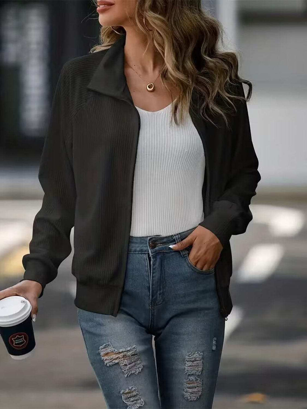 Zip Up Collared Neck Raglan Sleeve Jacket - Trendsi - Flyclothing LLC