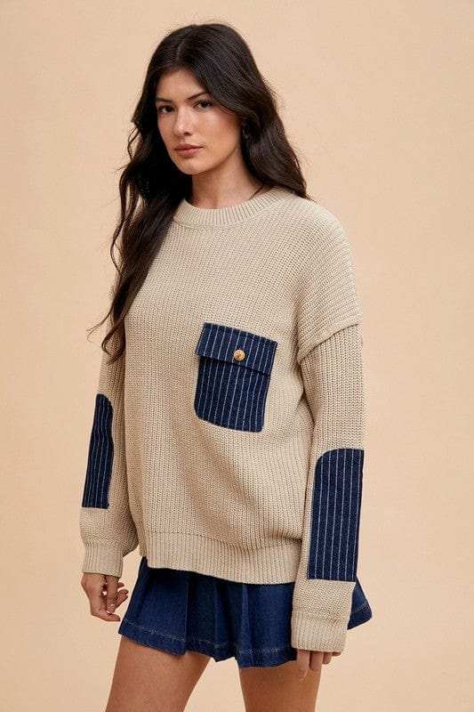 Annie Wear Contrast Round Neck Drop Shoulder Sweater with Patch Pocket - Trendsi - Flyclothing LLC