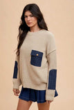 Annie Wear Contrast Round Neck Drop Shoulder Sweater with Patch Pocket - Trendsi - Flyclothing LLC