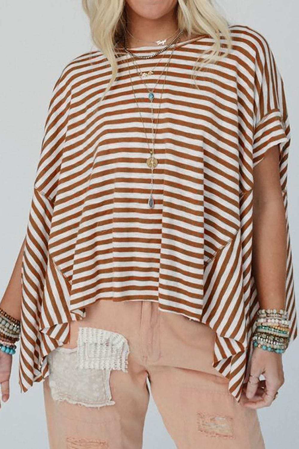Stripe Batwing Sleeve Round Neck Oversized Top - Trendsi - Flyclothing LLC