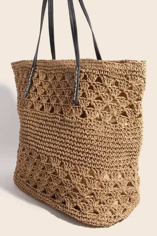 Fame Faux Leather Handle Knitted Tote Bag - Trendsi - Flyclothing LLC