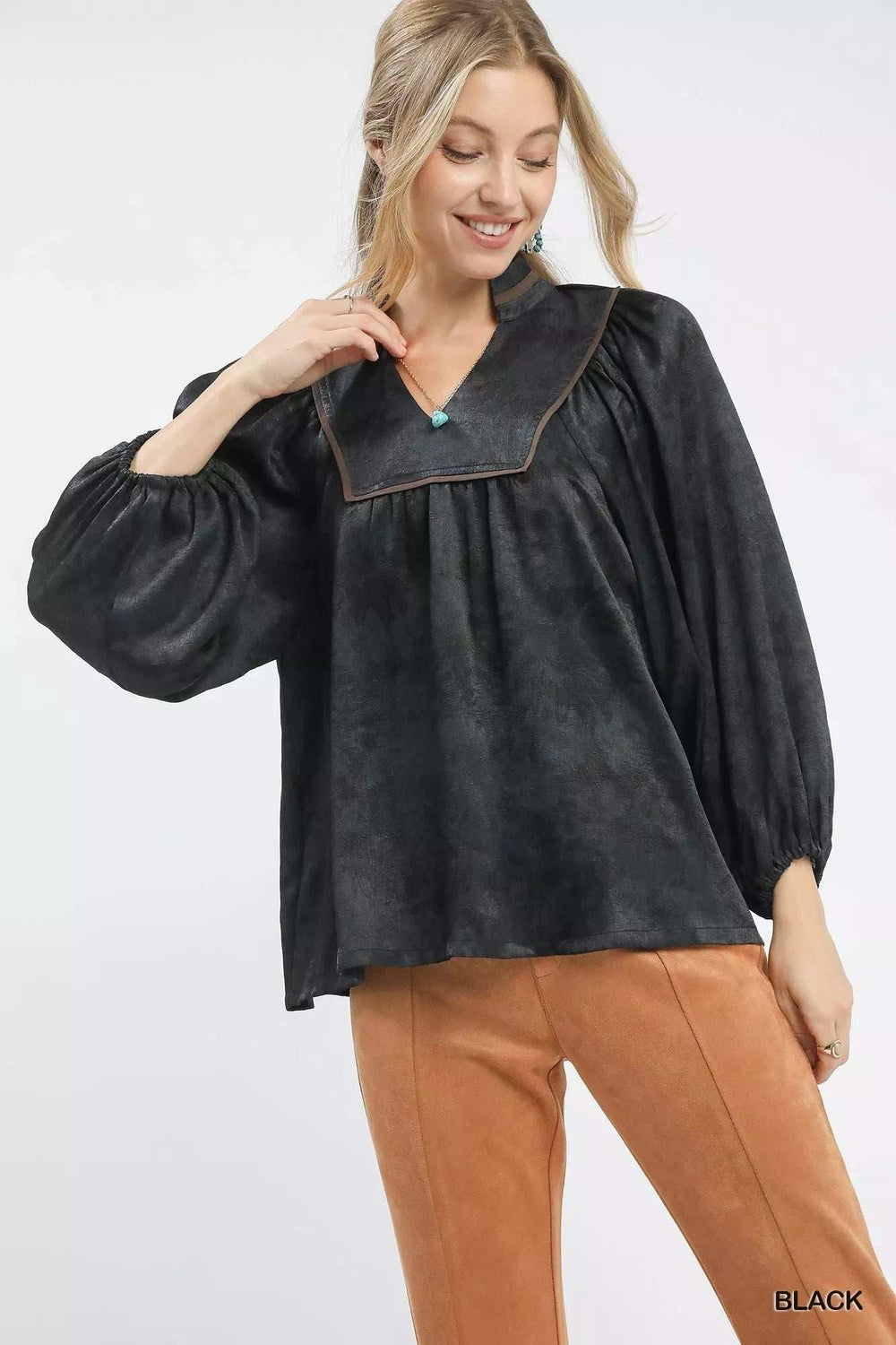 Umgee Crinkle Brocade Long Sleeve Blouse - Trendsi - Flyclothing LLC