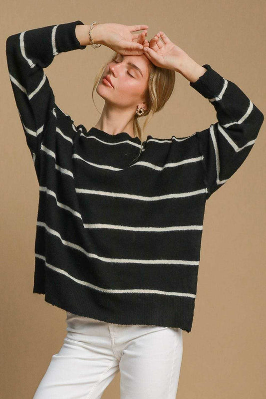 Umgee Wool Blend Striped Round Neck Sweater - Trendsi - Flyclothing LLC