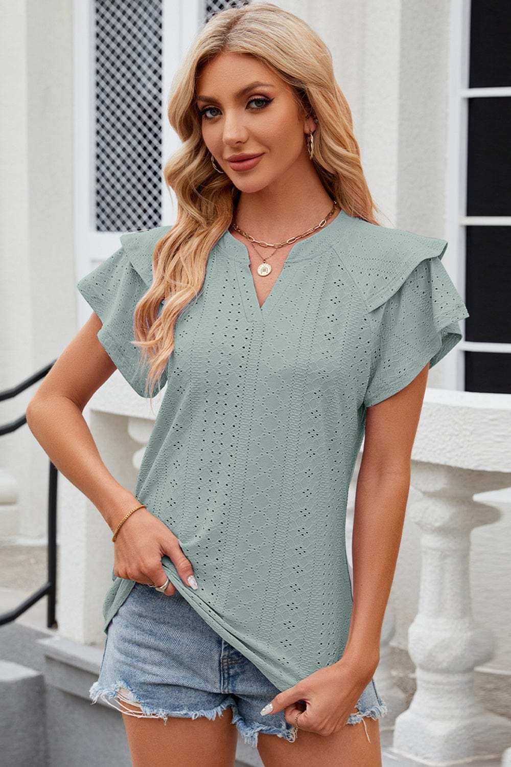 Eyelet Notched Flutter Sleeve T-Shirt - Trendsi - Flyclothing LLC