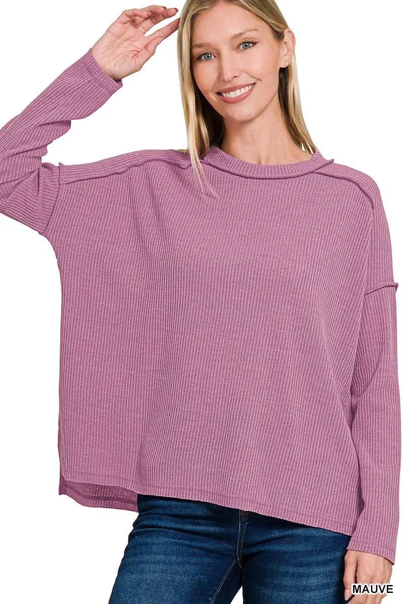 Zenana Ribbed Drop Shoulder Round Neck Sweater - Trendsi - Flyclothing LLC