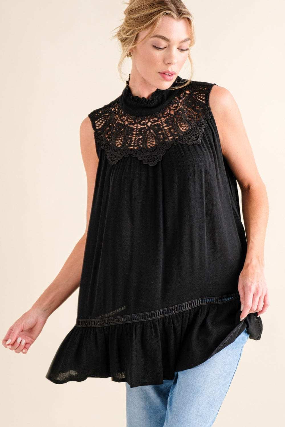 And The Why Lace Detail Sleeveless Ruffled Top - Trendsi - Flyclothing LLC