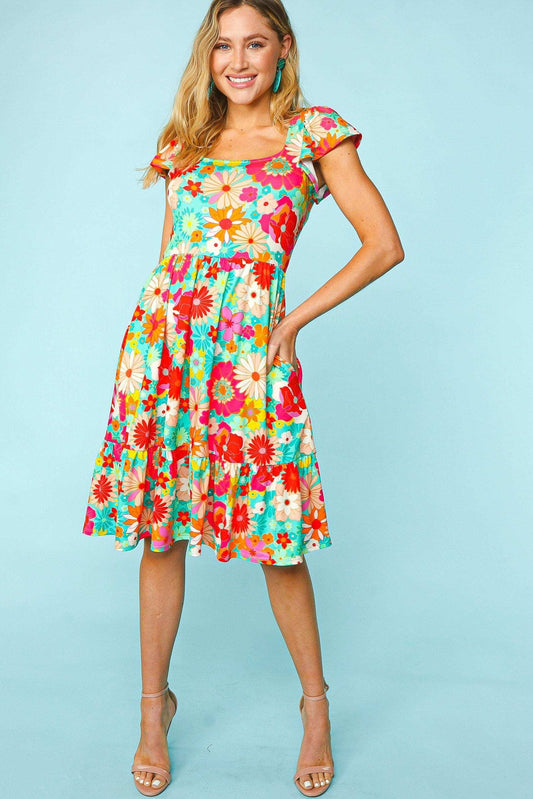 Haptics Floral Square Neck Short Sleeve Dress - Trendsi - Flyclothing LLC