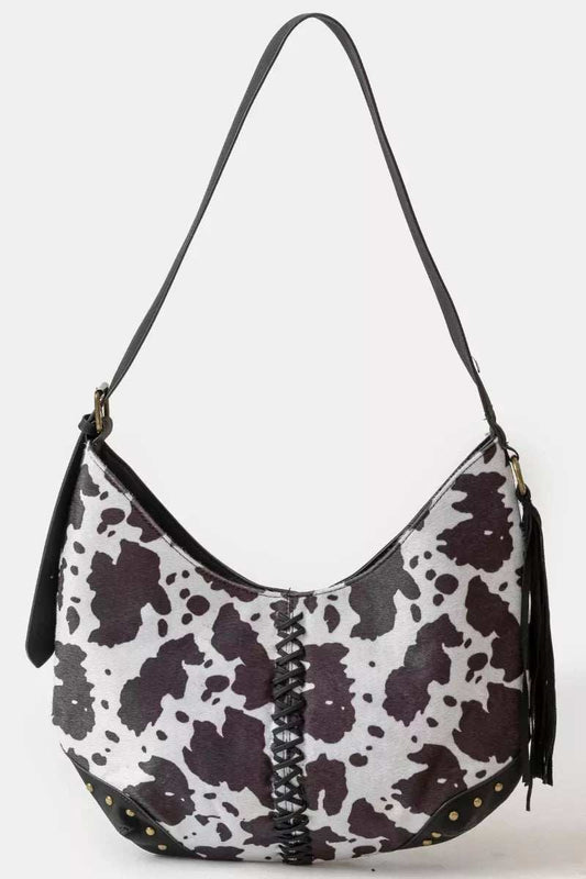 Fame Cow Print Hobo Shoulder Bag with Studded Details - Trendsi - Flyclothing LLC