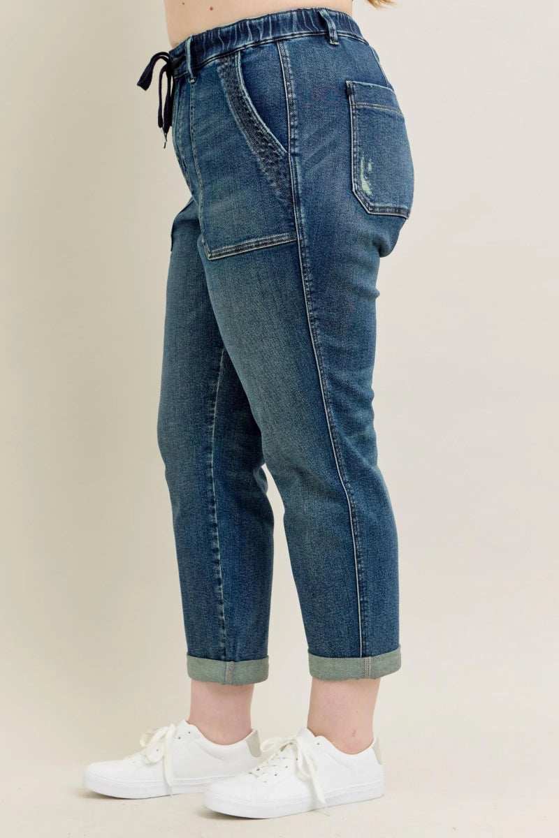 Judy Blue Full Size HW Vintage Wash Jeans w/ Drawstring Plus Size - Trendsi - Flyclothing LLC