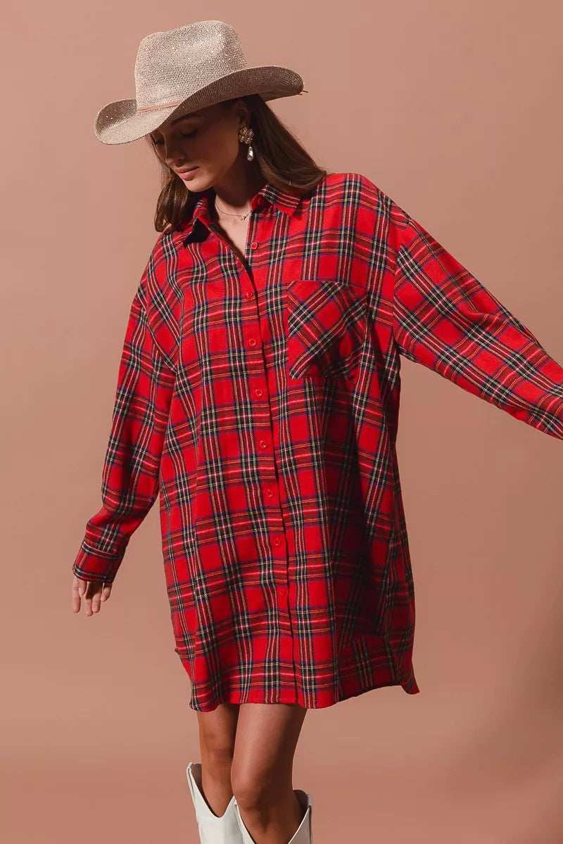 SO ME Christmas Checker Plaid Button Up Shirt Dress - Trendsi - Flyclothing LLC