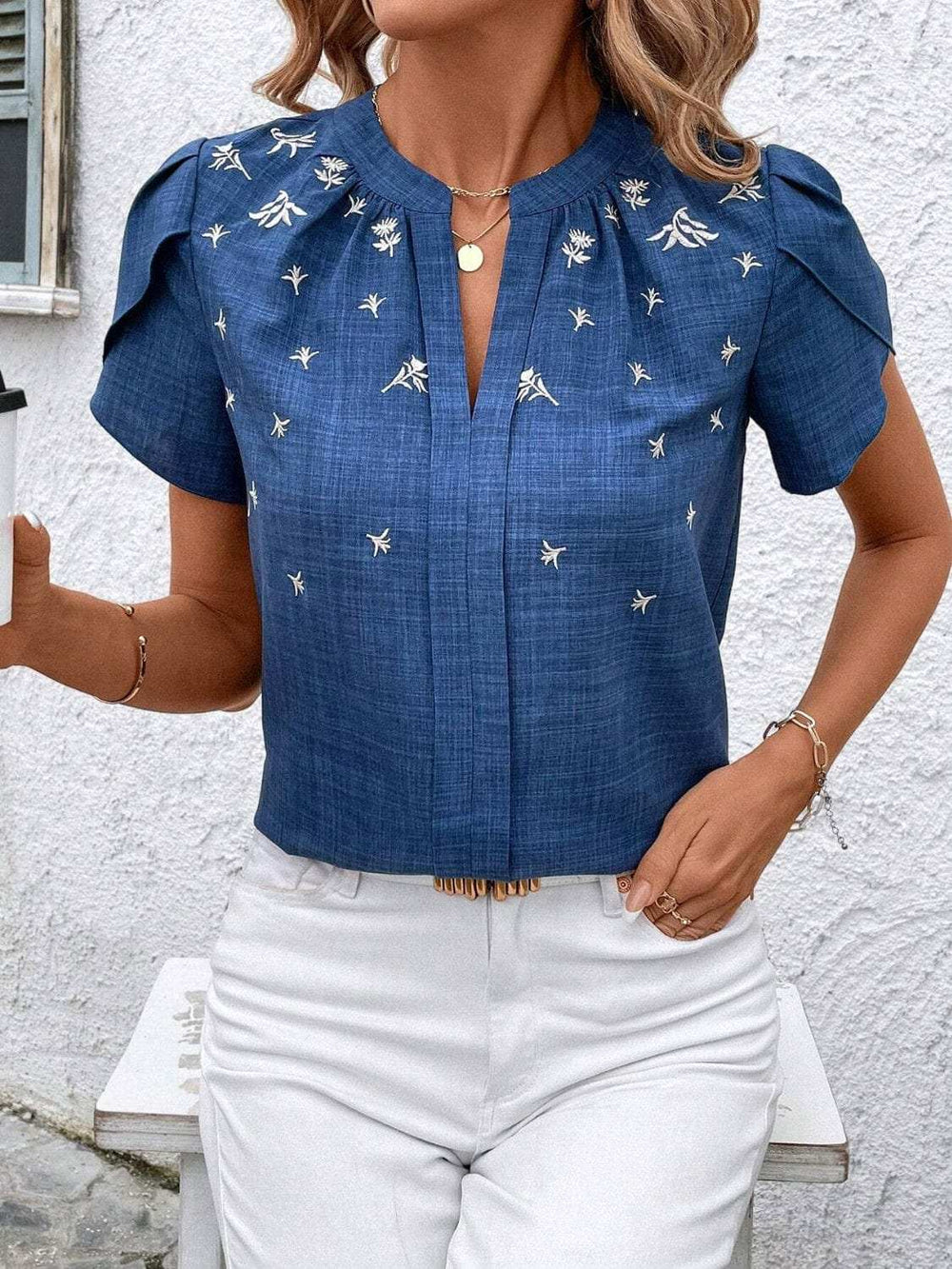 Floral Notched Short Sleeve Blouse - Trendsi - Flyclothing LLC