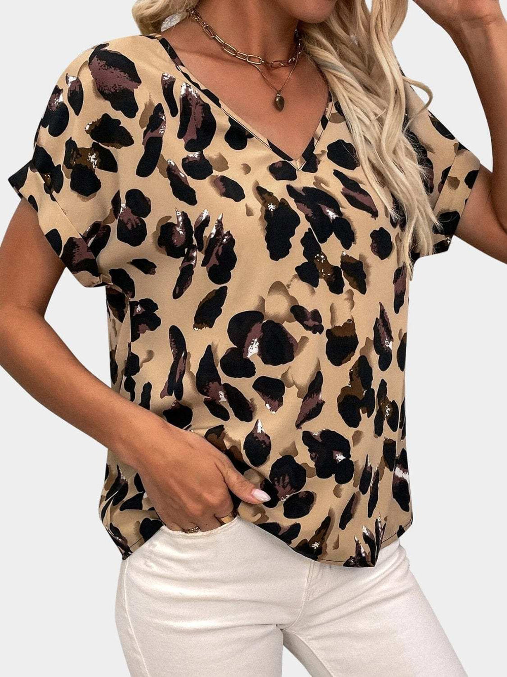 Printed V-Neck Short Sleeve Blouse - Trendsi - Flyclothing LLC