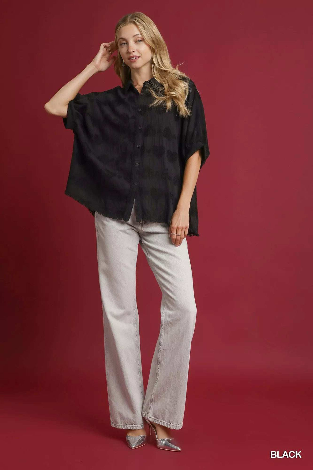 Umgee Jacquard Heart Collared Shirt - Trendsi - Flyclothing LLC