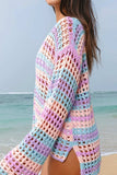 Openwork Side Slit Round Neck Striped Cover Up - Trendsi - Flyclothing LLC
