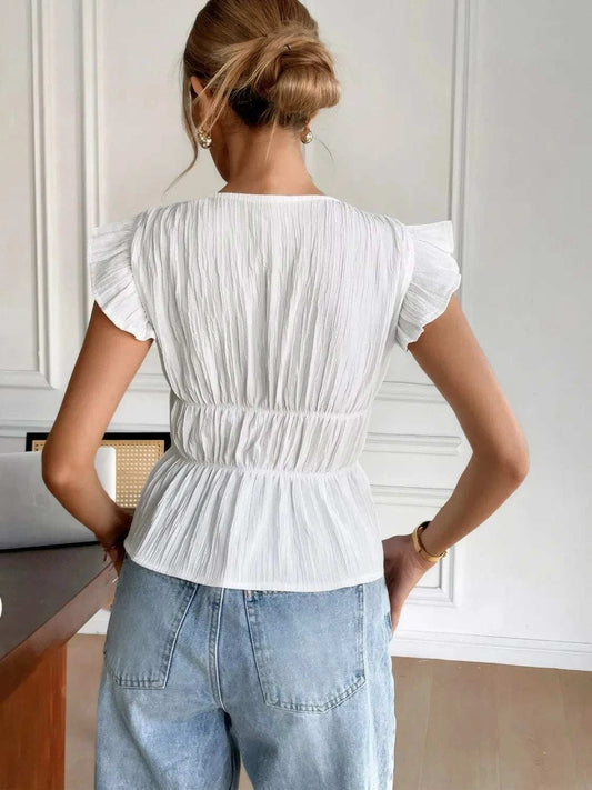 Bow V-Neck Cap Sleeve Blouse - Trendsi - Flyclothing LLC