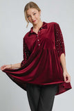 Umgee Pearl Detail Collared Neck Velvet Babydoll Blouse - Trendsi - Flyclothing LLC