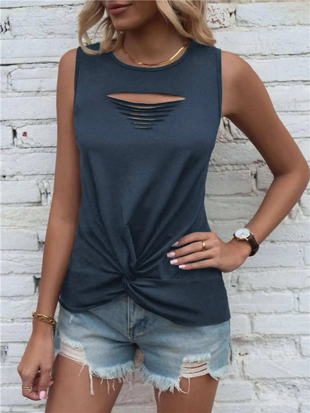 Cutout Twisted Round Neck Tank - Trendsi - Flyclothing LLC