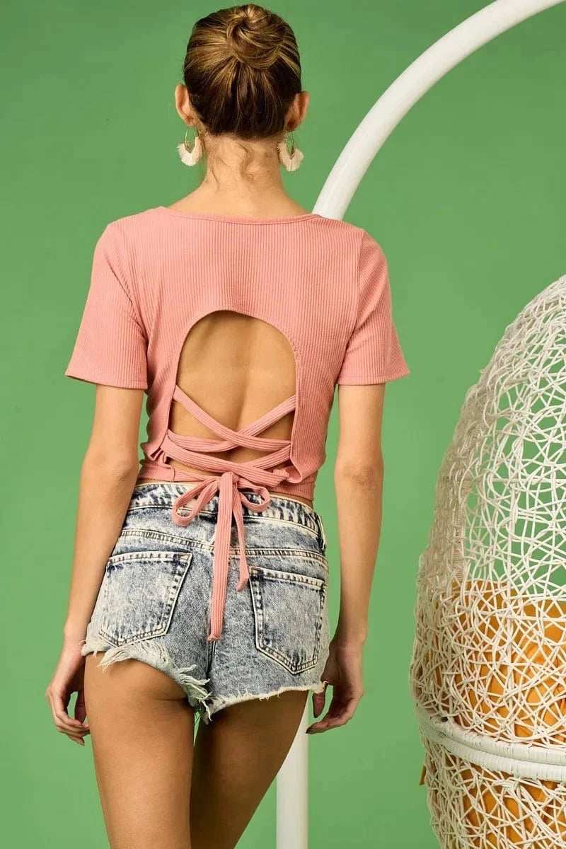 BiBi Rib Knit with Back Cross and Tied Detailed Top - Trendsi - Flyclothing LLC