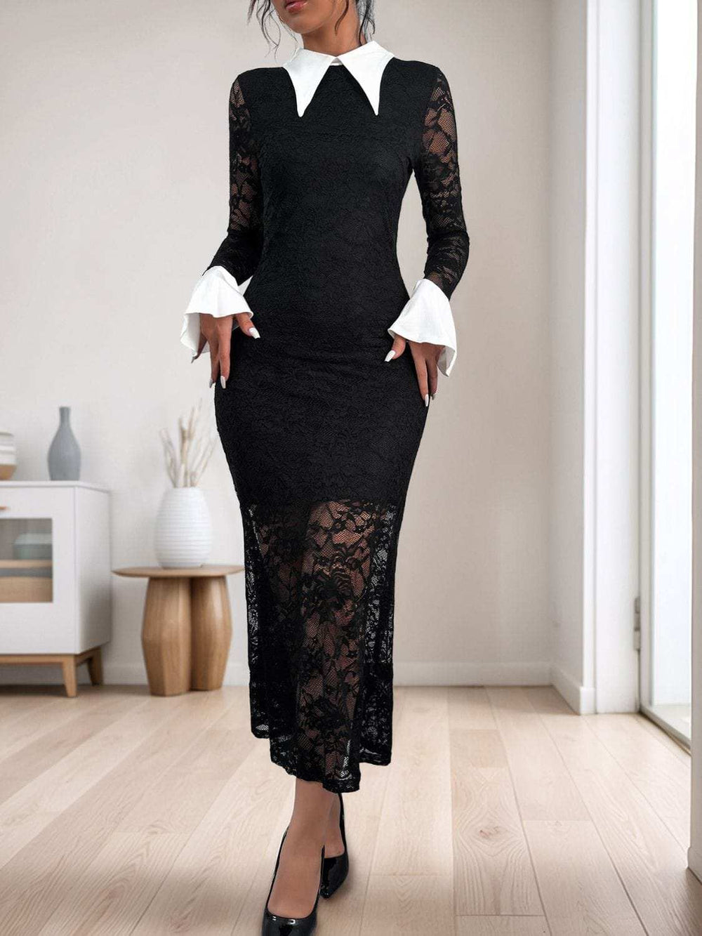 Perfee Lace Contrast Collared Neck Long Sleeve Midi Dress - Trendsi - Flyclothing LLC