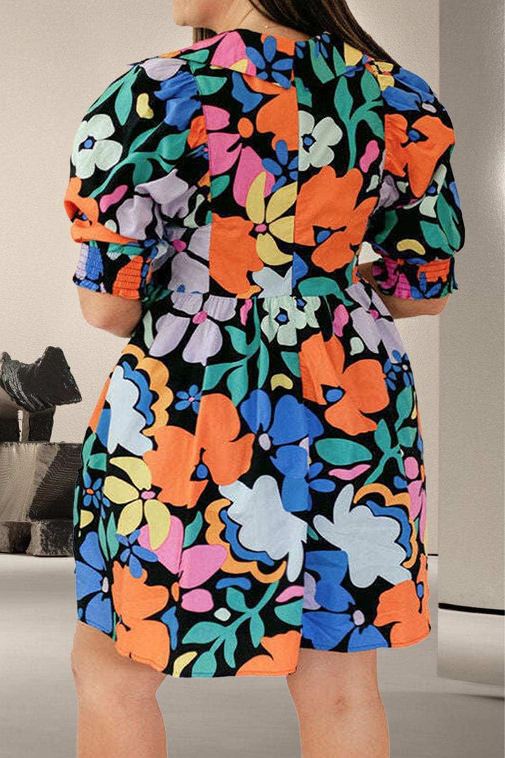 Plus Size Printed V-Neck Short Sleeve Mini Dress - Trendsi - Flyclothing LLC