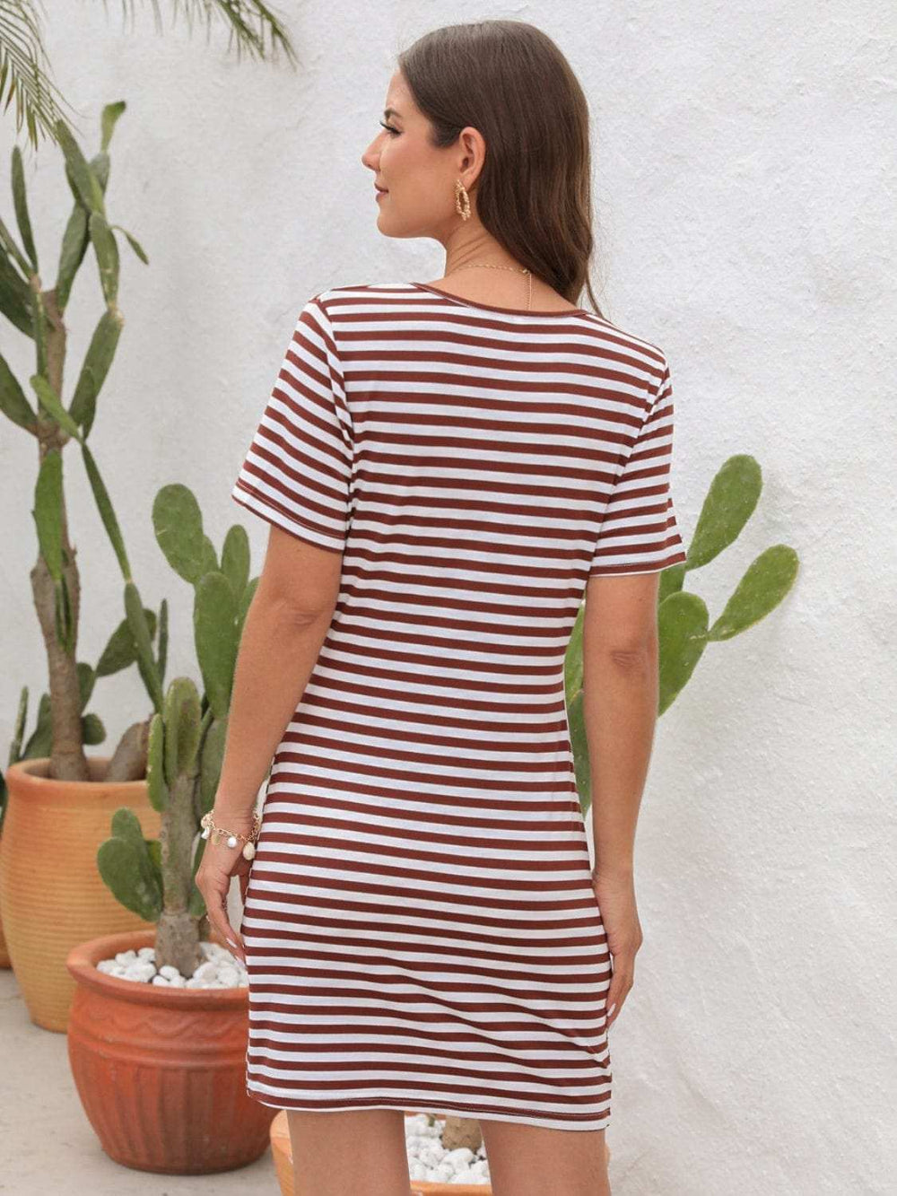 Cutout Striped Round Neck Short Sleeve Dress - Trendsi - Flyclothing LLC