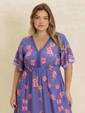 Plus Size Printed V-Neck Flutter Sleeve Dress - Trendsi - Flyclothing LLC